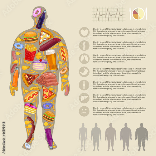 Fat man, fast food. Infographic vector