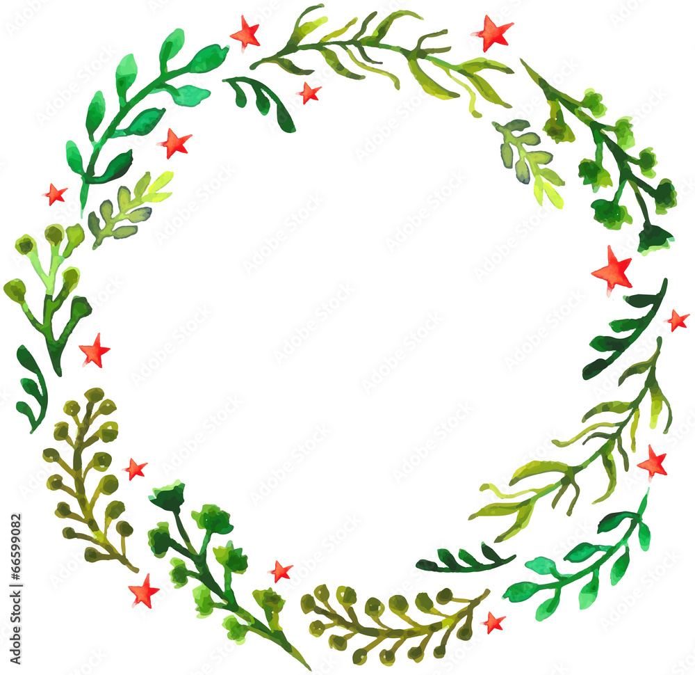 Natural floral circle background with green leaves and red stars Natural floral circle background with green leaves and red stars