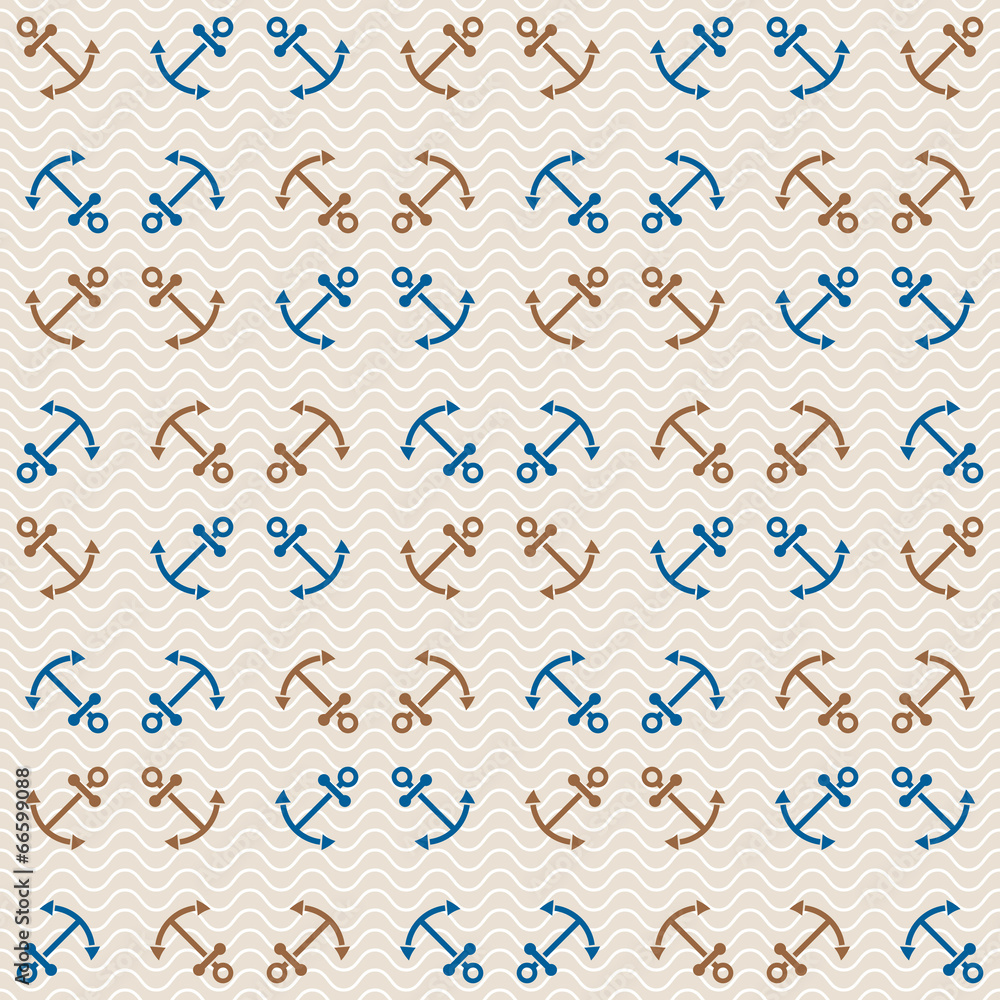 Seamless sea pattern of anchors and waves Seamless sea pattern of anchors and waves