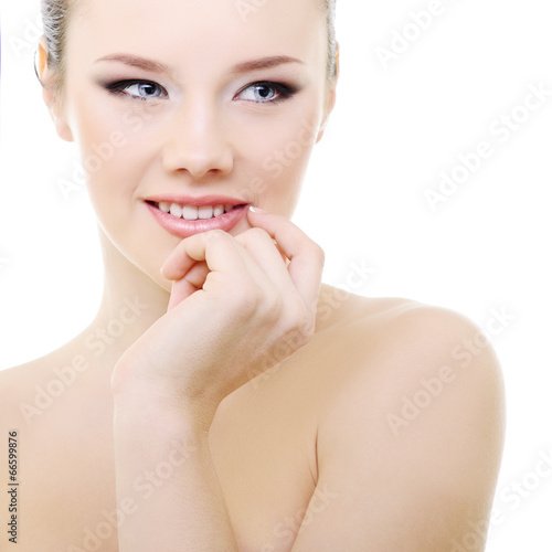 girl beauty  portrait of beautiful young fresh woman holding han