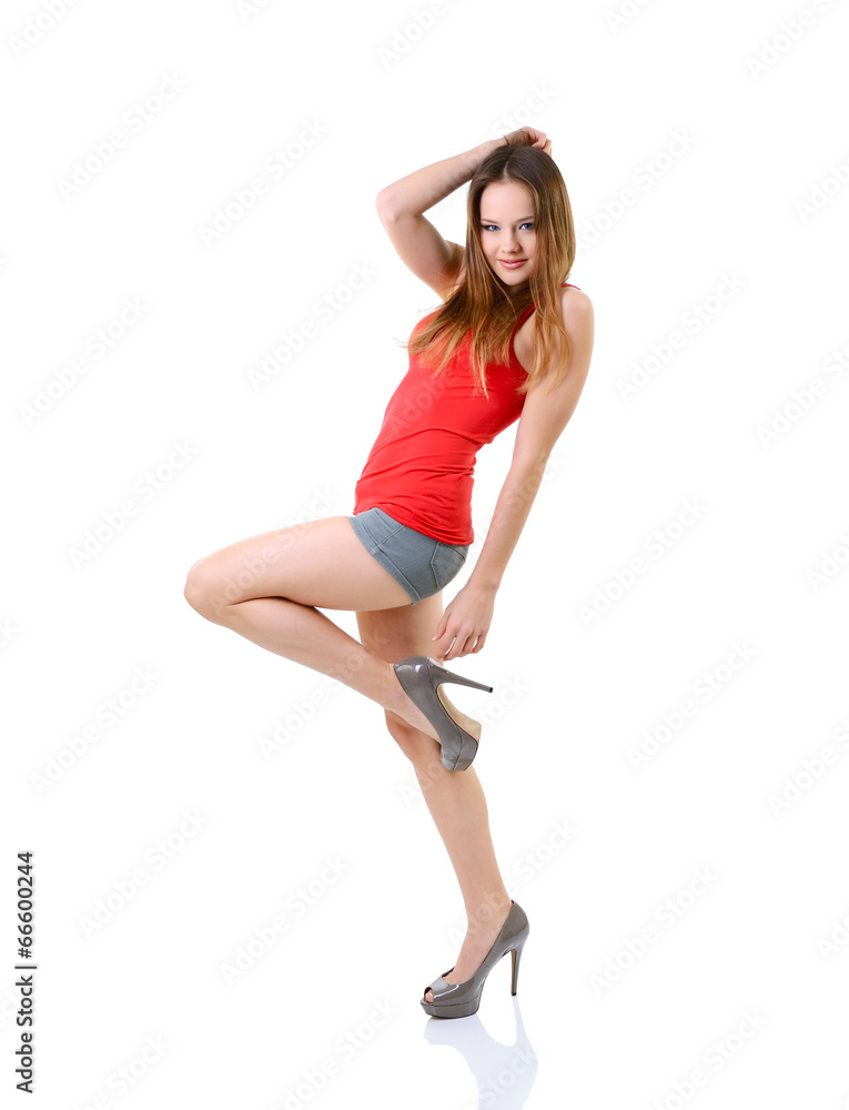 attractive happy teen girl in red t-shirt, full length portrait attractive happy teen girl in red t-shirt, full length portrait