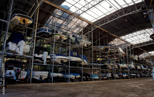 Boats in a dry rack&stack storage facility