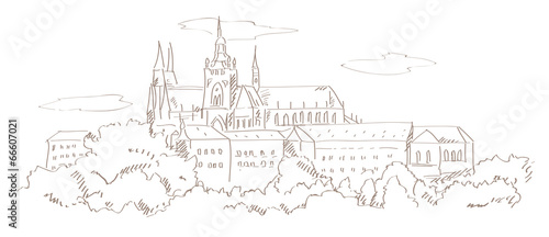 view on Prague and St. Vitus cathedral hand drawing style vector