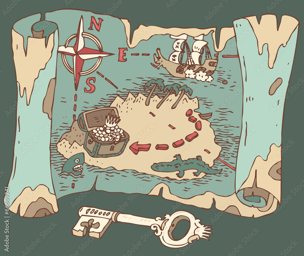 Photo & Art Print Island Treasure Map, vector illustration, hand drawn ...