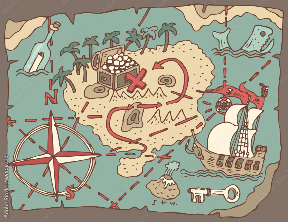Island Treasure Map, vector illustration, hand drawn Stock Vector ...