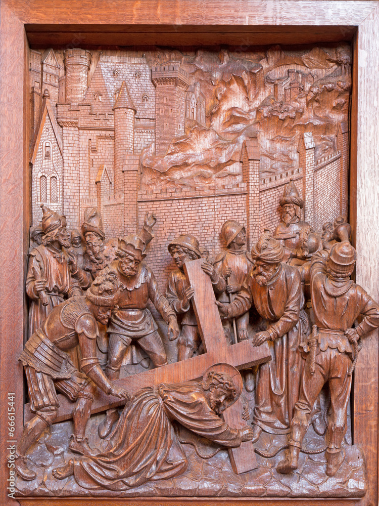 Antwerp - Fall of Jesus under cross. Carved relief