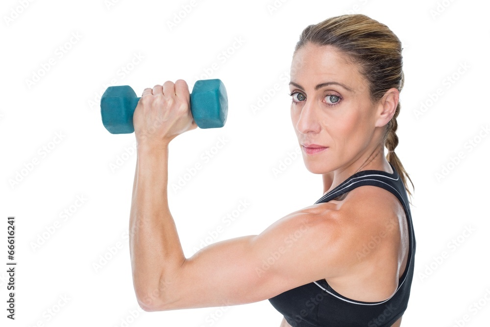 Female bodybuilder holding a blue dumbbell looking at camera Female bodybuilder holding a blue dumbbell looking at camera