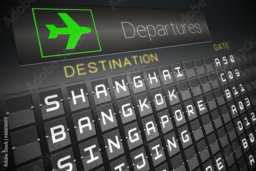 Black departures board for asian cities
