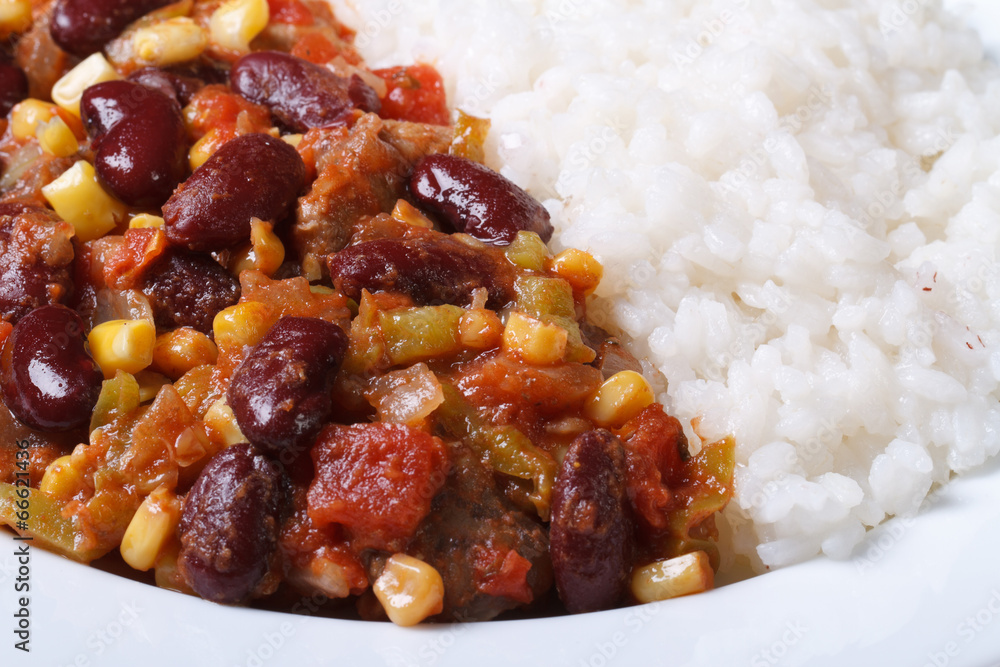Mexican cuisine: chili con carne and rice macro Mexican cuisine: chili con carne and rice macro