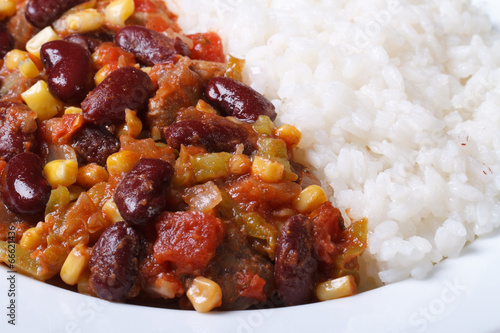 Mexican cuisine: chili con carne and rice macro