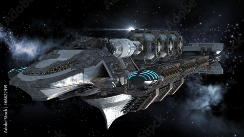 Alien battleship in deep space travel on galactic starfield