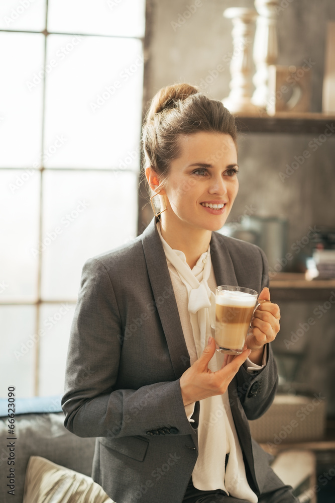 Portrait of happy business woman with coffee latte Portrait of happy business woman with coffee latte