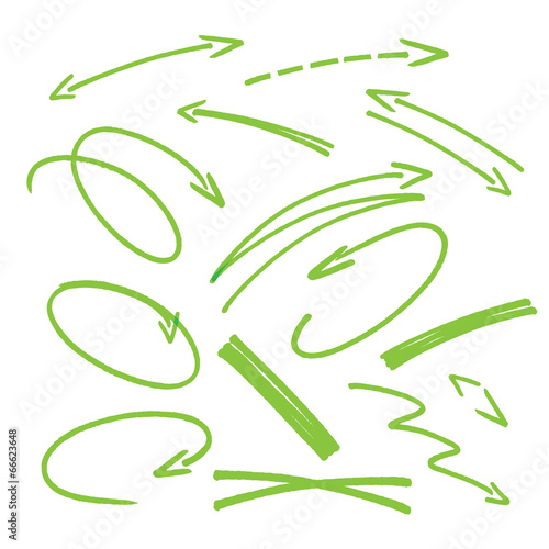 set of green hand drawn arrows signs and highlighting elements