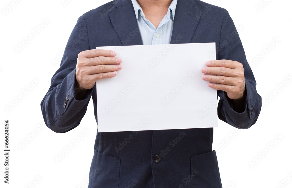 Business man holding blank paper isolated on white background Business man holding blank paper isolated on white background