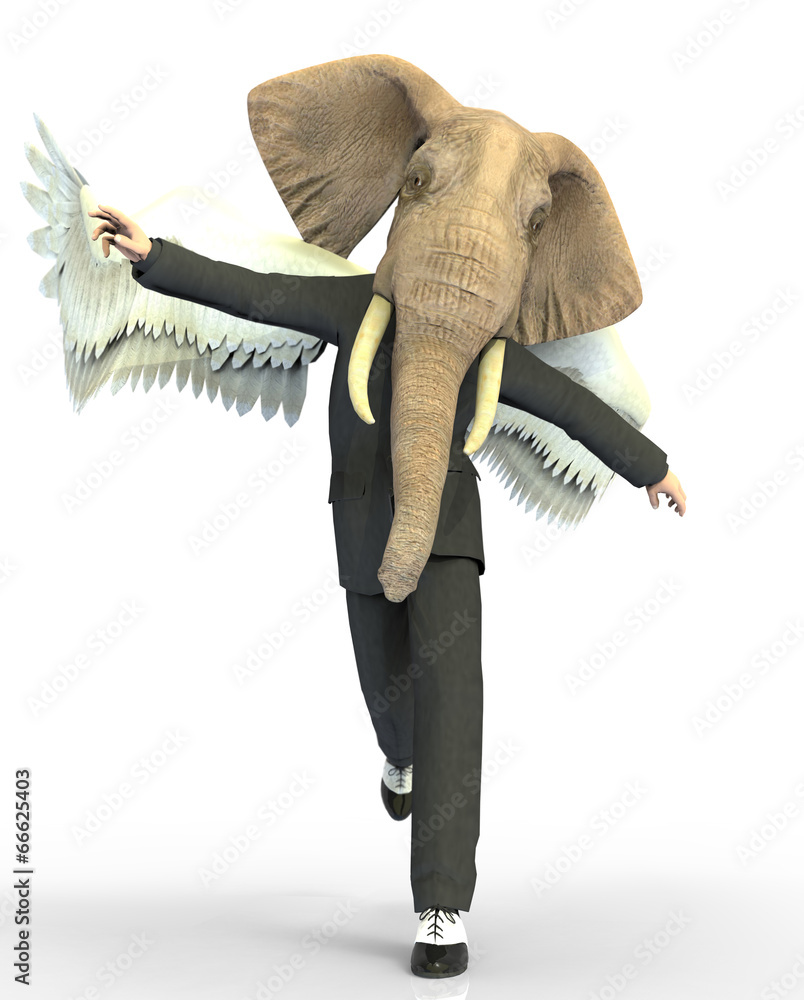 Man elephant head and wings - obrazy, fototapety, plakaty 