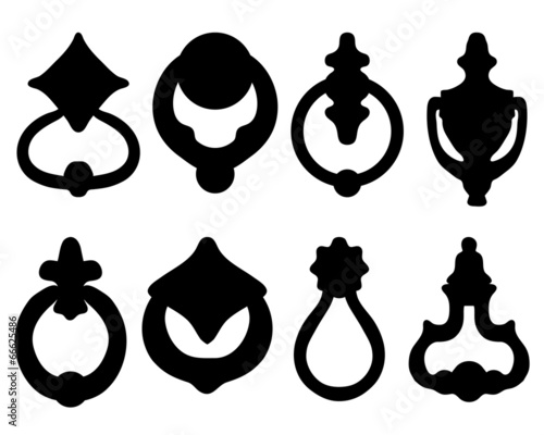 Black silhouettes of knocker on door, vector