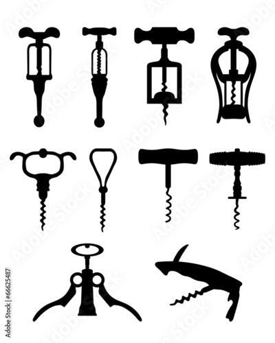 Black silhouettes of different corkscrew, vector illustration