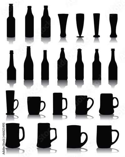 Black silhouettes of cups and bottles of beers, vector