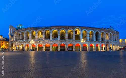 Verona amphitheatre at night. Roman Arena in Verona, Italy photo
