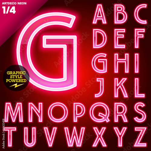 Abstract neon tube alphabet for light board. Red Art deco