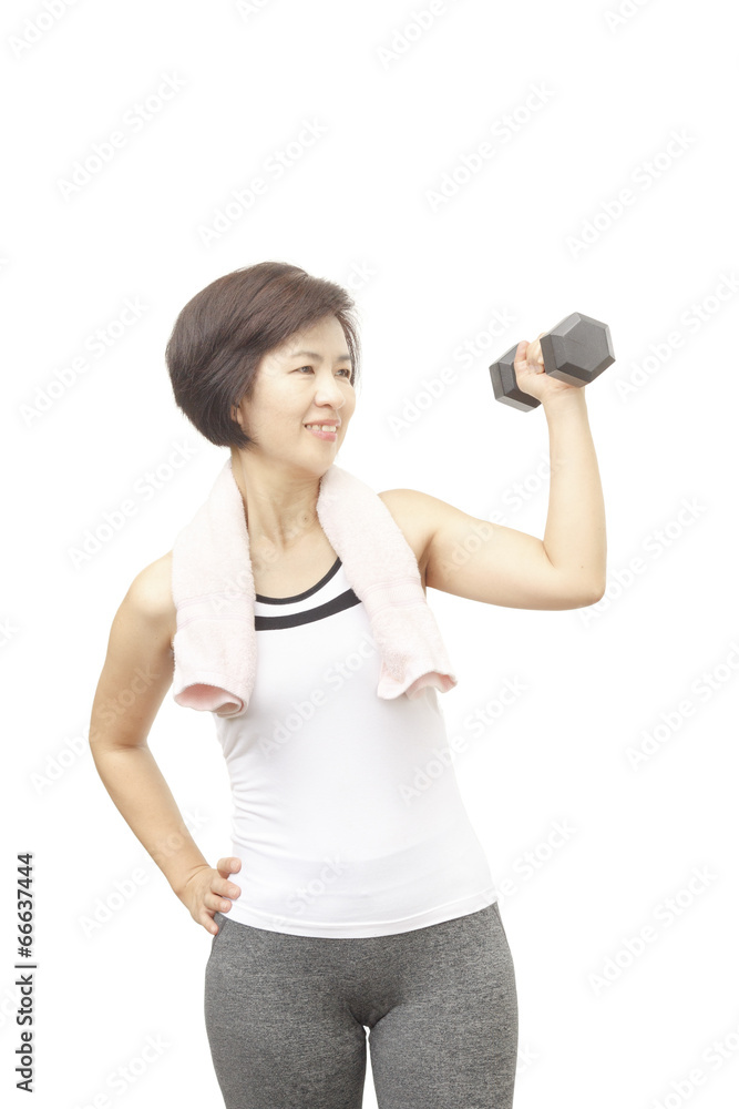 Healthy fitness middle aged asian woman happy lifting weight Healthy fitness middle aged asian woman happy lifting weight