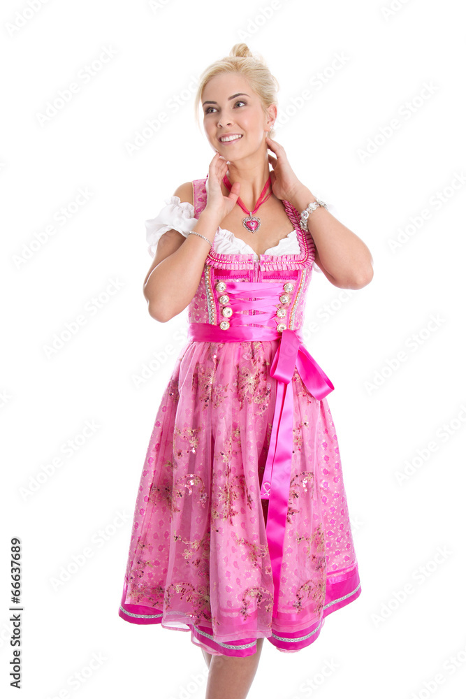 Frau freigestellt in pinkfarbenem Dirndl Kleid aus Bayern Stock Photo |  Adobe Stock