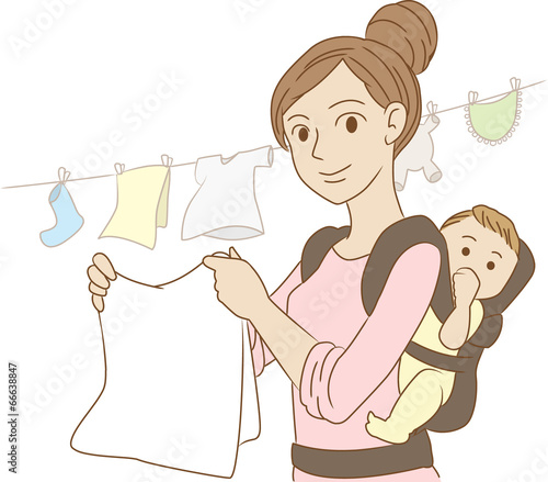子供をおんぶしながら家事をする女性