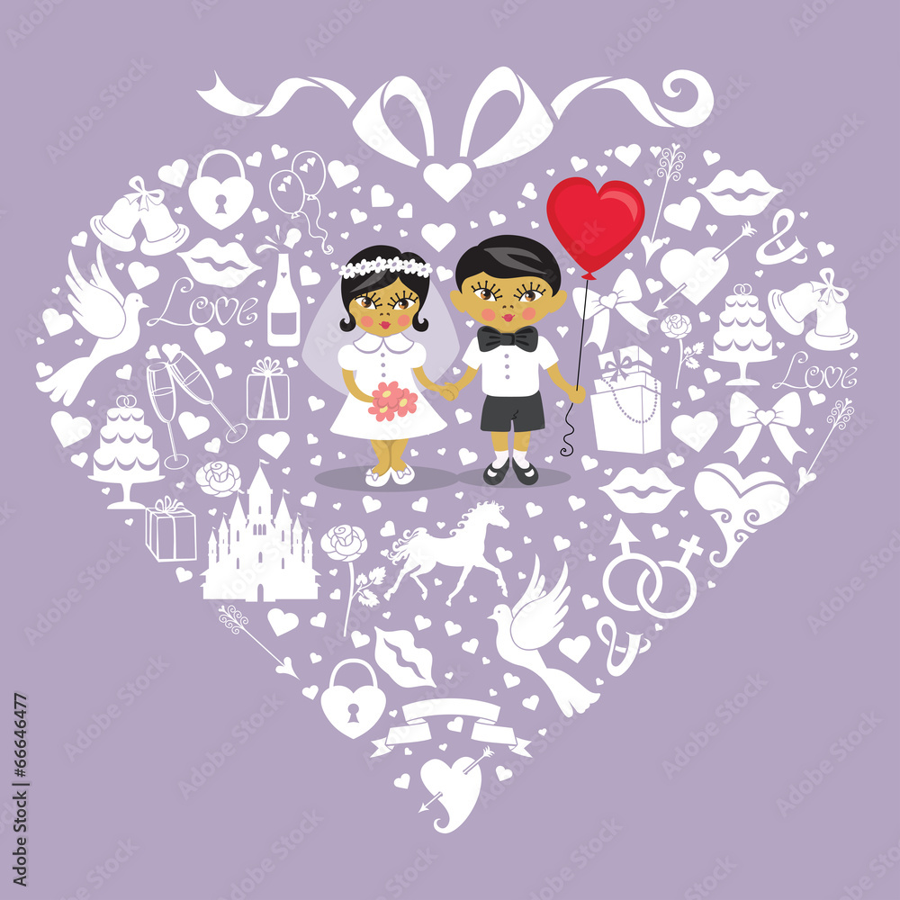 Wedding  elements in hearts composition with baby bride and groo