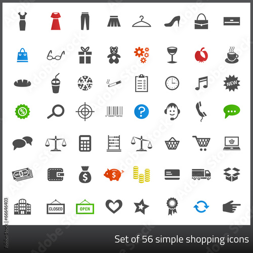 Set of 56 dark grey icons related to shopping