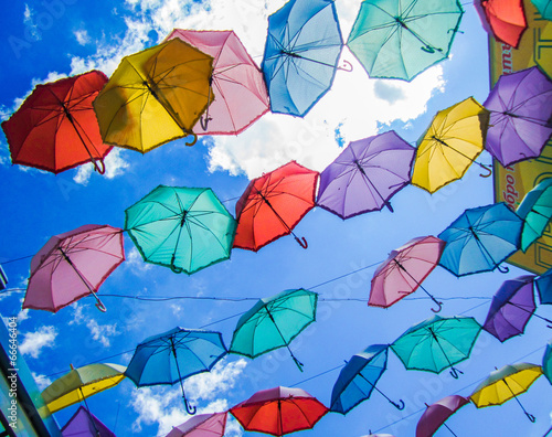market decorated with colored umbrellas