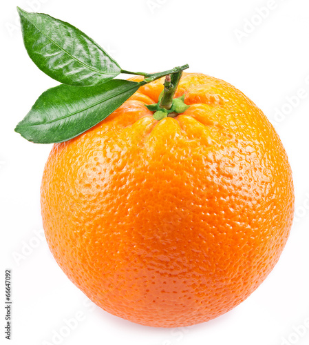 Orange with leaves isolated on a white background.