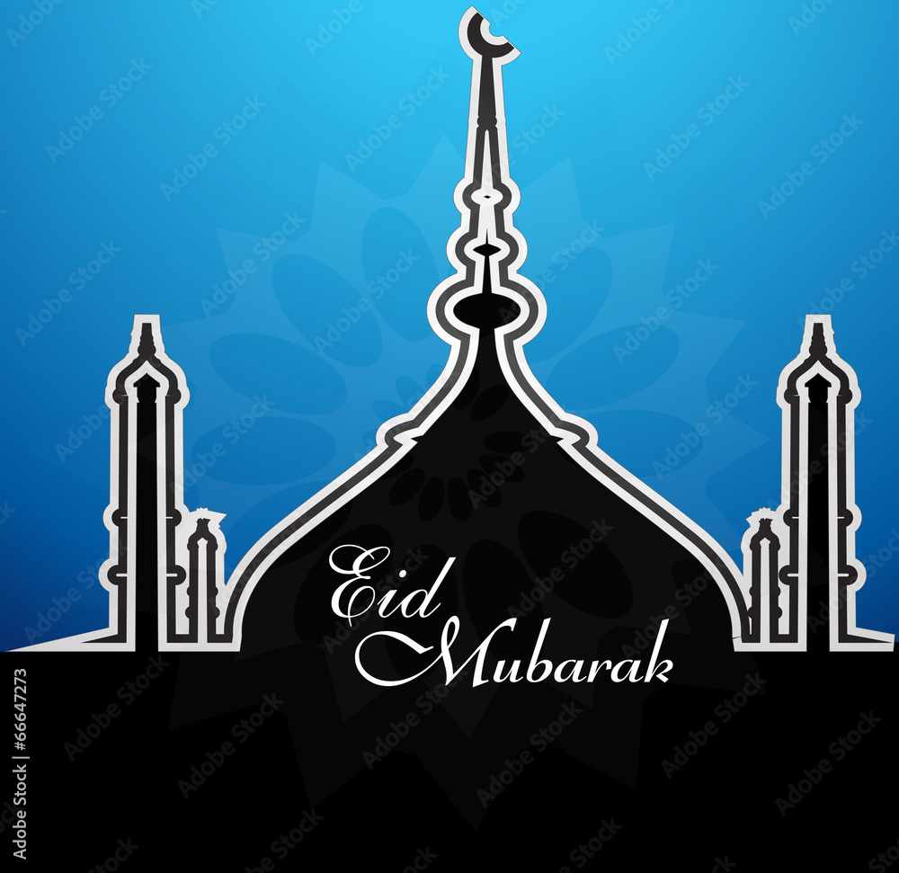 Fototapeta premium Mosque with shiny blue colorful eid mubarak background vector il