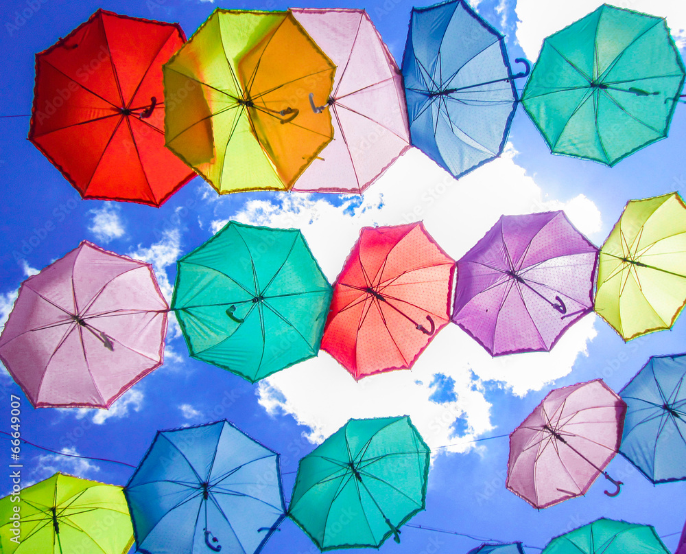 different colorful umbrellas on sky different colorful umbrellas on sky