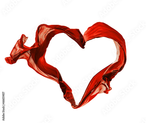 Red satins in heart shape on white background
