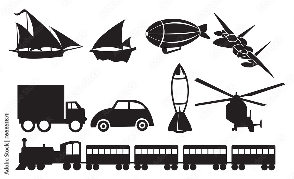 Black Transportation Icons Against White Background Black Transportation Icons Against White Background