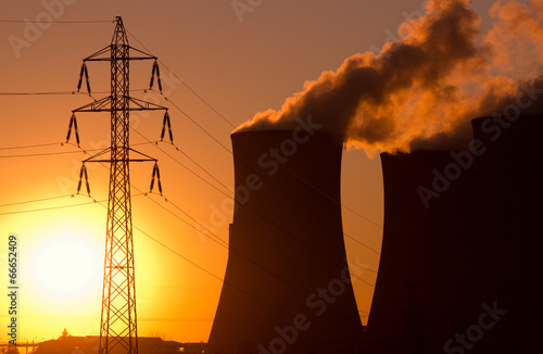 power plant at sunset