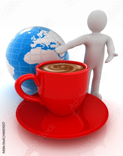 3d people - man, person presenting - Mug of coffee with milk. Gl