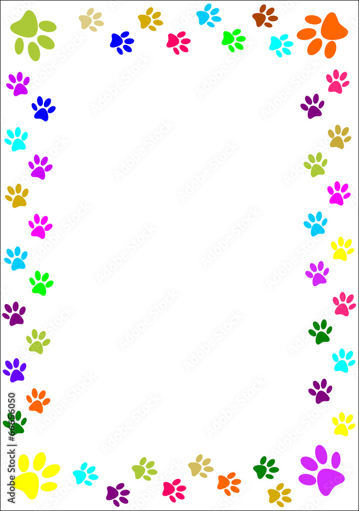 Colourful paw prints border.