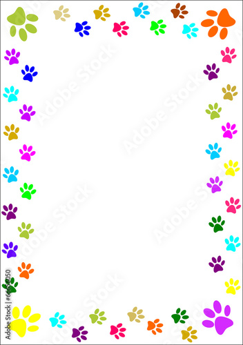 Colourful paw prints border.