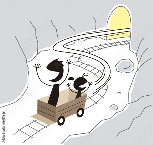 トロッコで冒険する親子