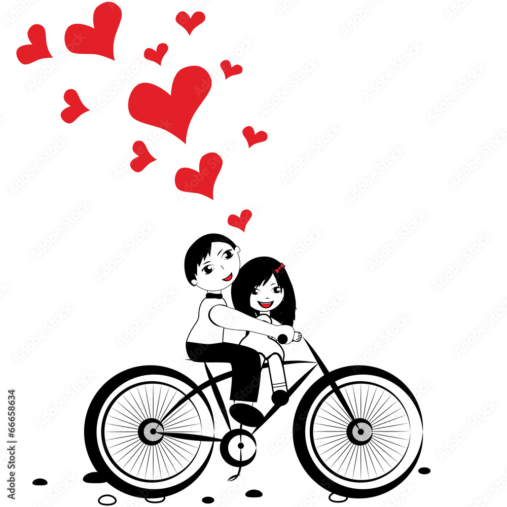 Girl boy cycling with big red heart for valentine day vector
