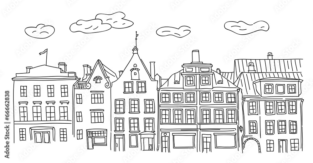 Vector hand drawn old town houses and homes