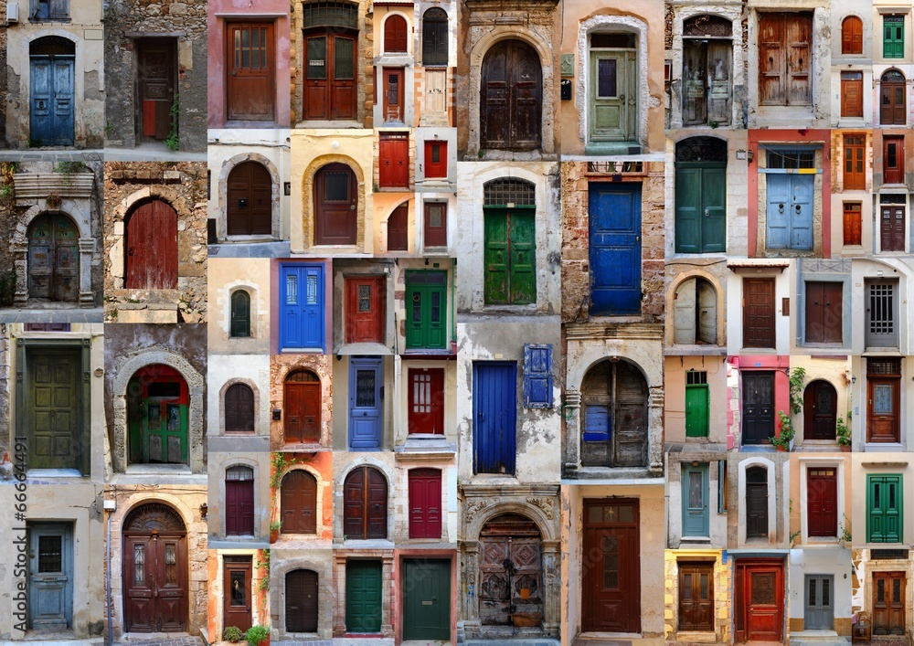 Collection of weathered doors in the old town of Chania, C