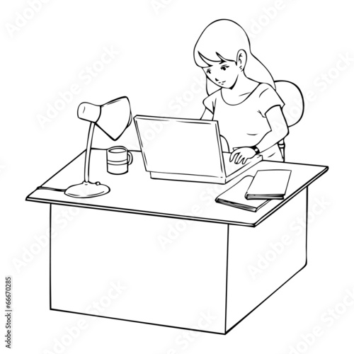 Line-art illustration of a woman working on laptop computer