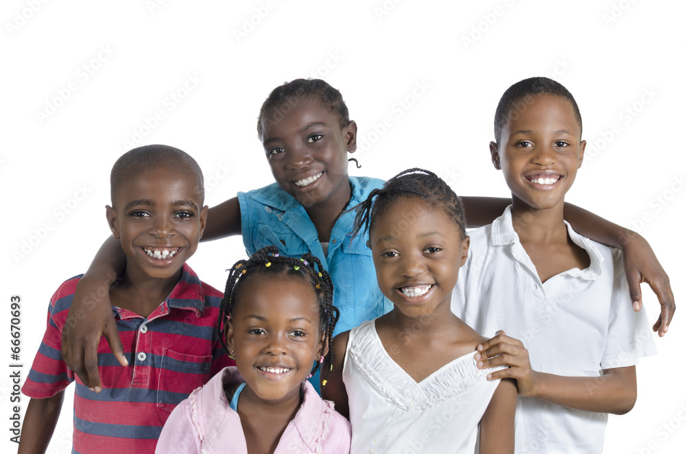 Five happy african kids holding one another