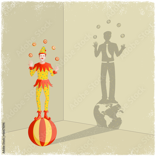 Juggling clown casting shadow of businessman