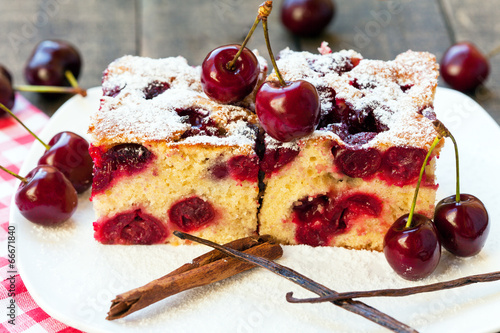 Homemade cherry cake with vanilla and icing sugar