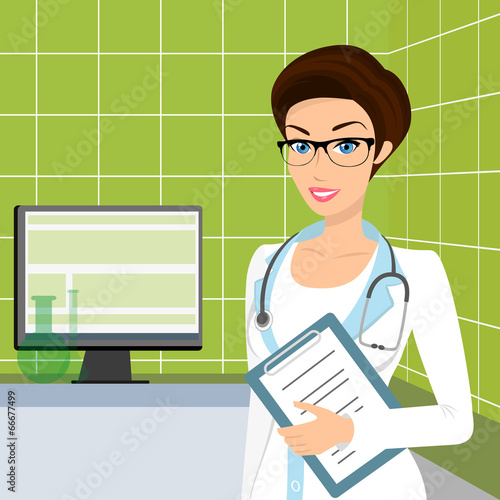 Smiling doctor wearing glasses in the consulting room