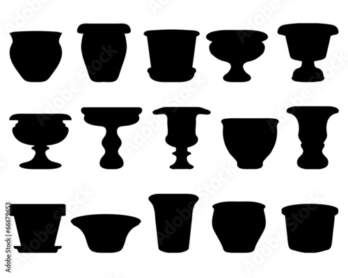 Black silhouettes of flowerpots and pottery, vector