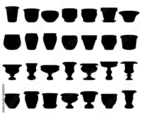 Black silhouettes of flower pots and clay pots, vector